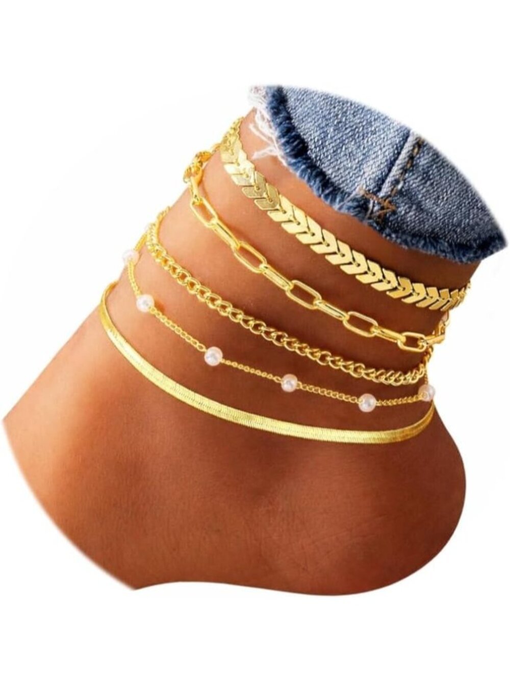 Women's 14k Gold Plated Waterproof Cuban Link Chain Layered Anklet Bracelets